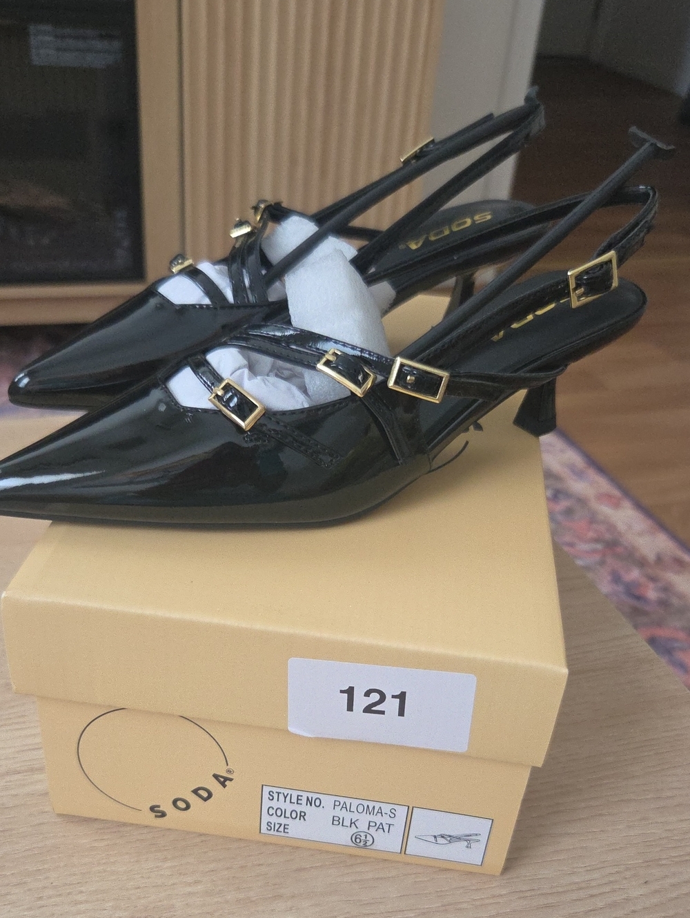 Soda Black Patent Pointed Slingback Pumps with Gold Buckles